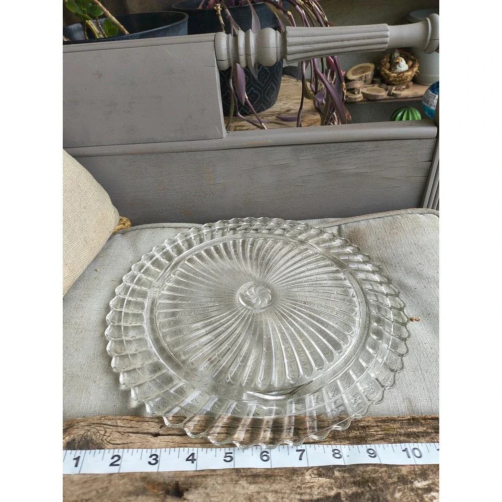 Vintage Aluminum Cake Carrier Embossed Lid Glass Sunburst Base Scalloped Edge 10